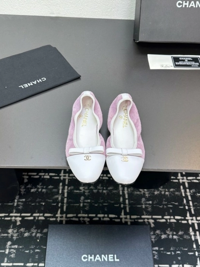 2025 Women CHANEL White Purple Leather Bow Ballet Flats Unisex LY00360(F)