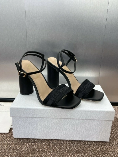 2025 Women Dior Black Leather High Heel Sandals