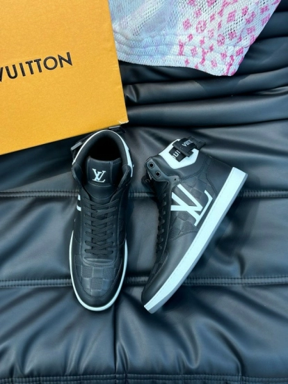 2024 Men Louis Vuitton Black White Leather High-Top Sneakers MJ00420