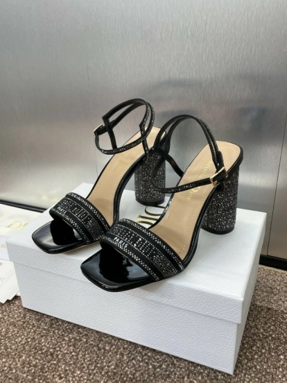 2025 Women Dior Black Patent Leather Crystal High Heel Sandals KFY00320