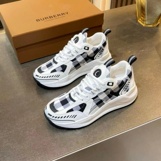 2025 Unisex Burberry White Black Cotton Leather Suede Chunky Sneakers Vintage Check MJ00380(F/W)