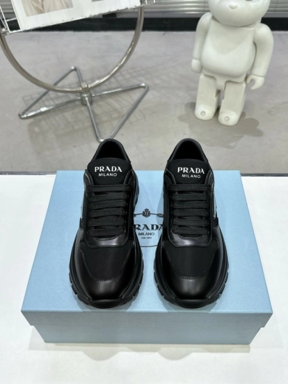2025 Unisex Prada Black Leather Nylon Sneakers