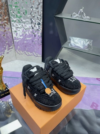 2024 Kids Louis Vuitton Black Rhinestone Fabric LV Trainer