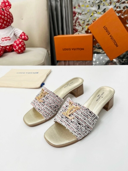 2025 Women Louis Vuitton Pink White Tweed Leather Heeled Mules LY00220